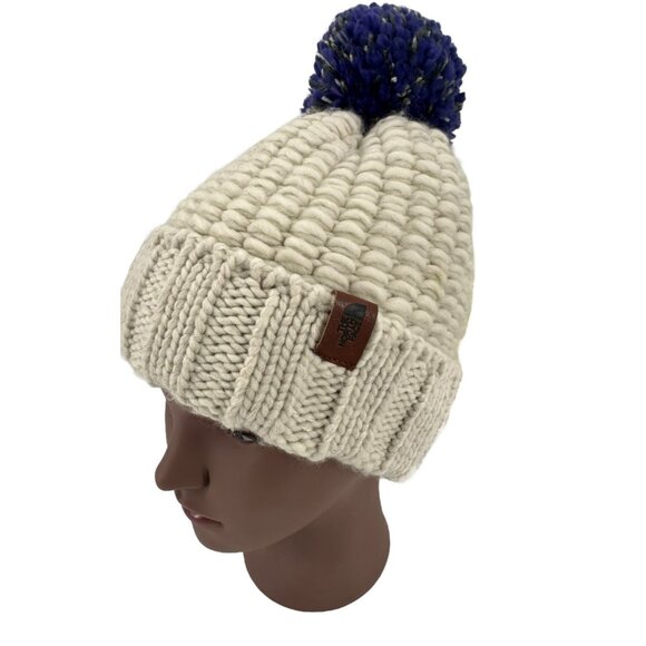 North Face Tufted Beanie Chunky Knit Cap One Size Fitted Pom Pom Oatmeal Purple - Picture 5 of 6